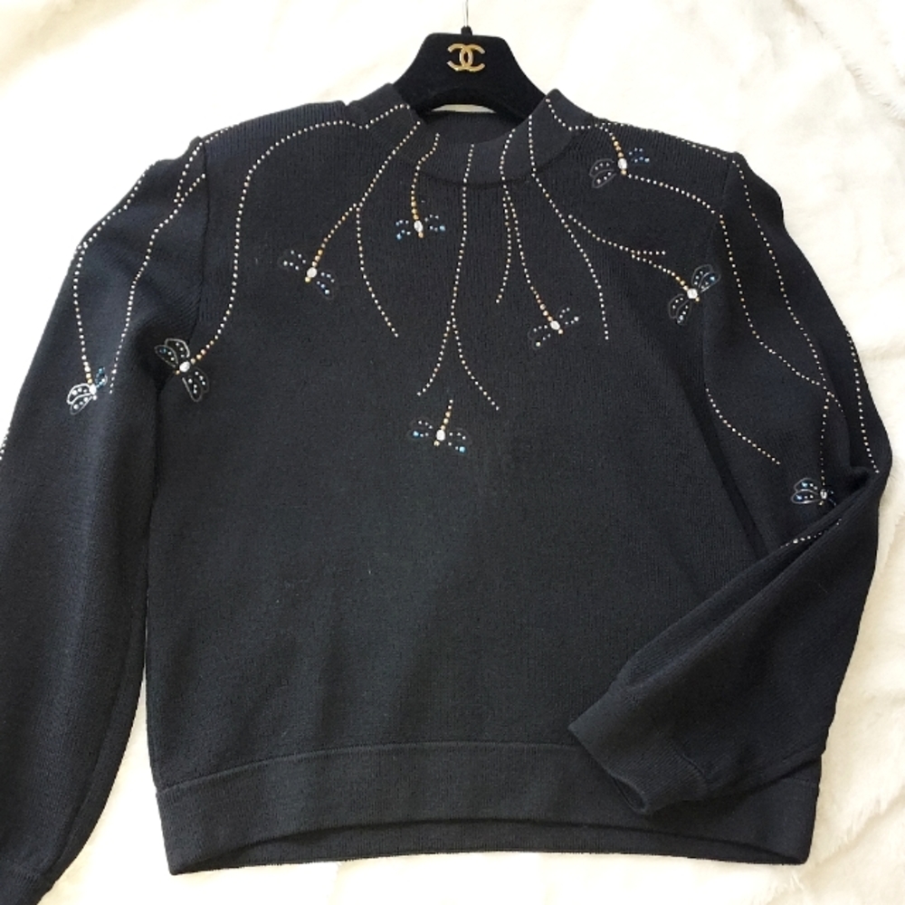 Sale🥳St. John Evening Black Sweater w/ Crystal & Gold Dragonflies - Picture 1 of 6